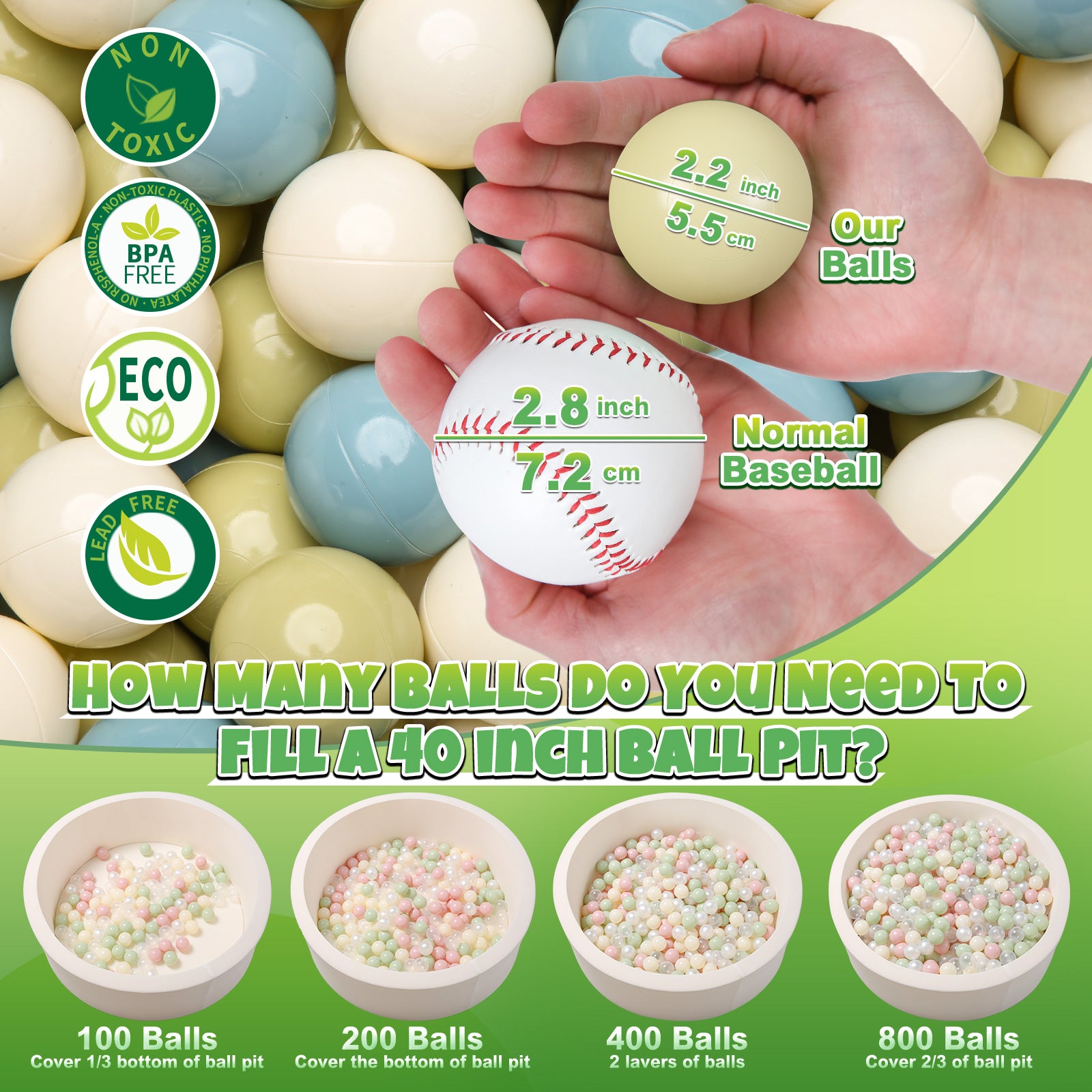 GOGOSO Pastel Plastic Play Balls Non-Phthalate Soft Toy Balls for  Ball Pit Tent Bath Decoration Indoor Outdoor , 2.2inch, Blue Green Beige,  1000PCS